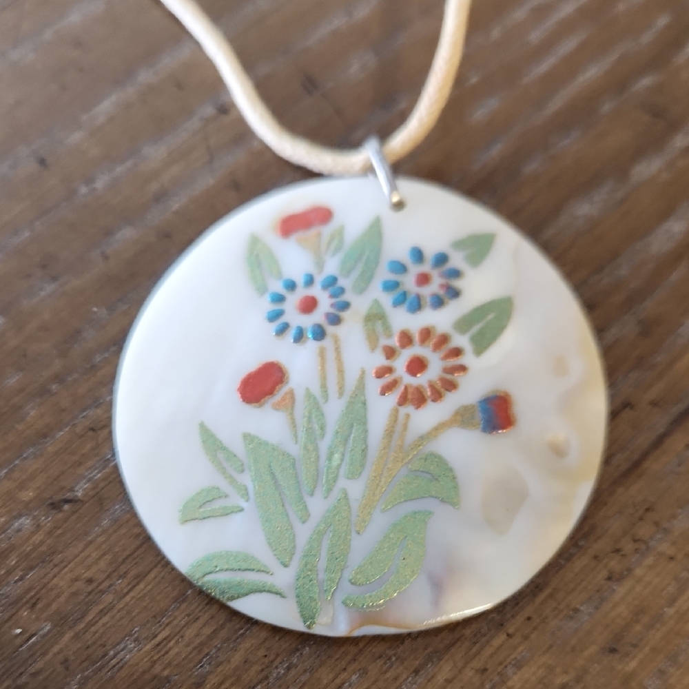 Floral Hand Painted Shell Pendant Necklace